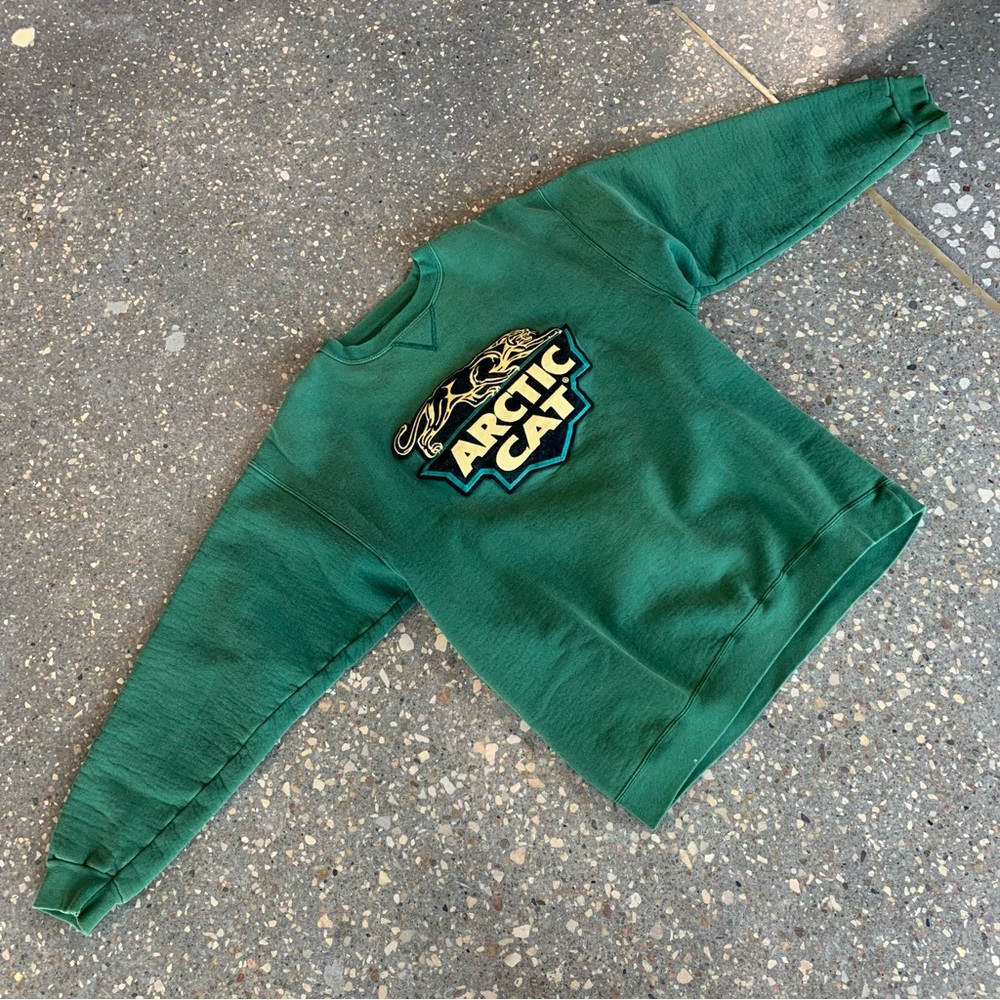 Vintage ARCTIC CAT Sweatshirt Mens LARGE Green Snowmobile Racing Made In USA